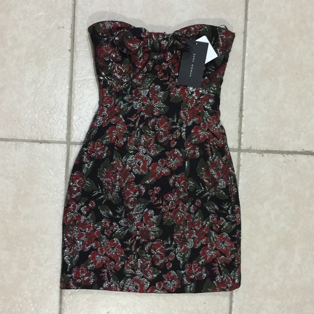 NWT Zara Shimmer Floral Strapless Dress